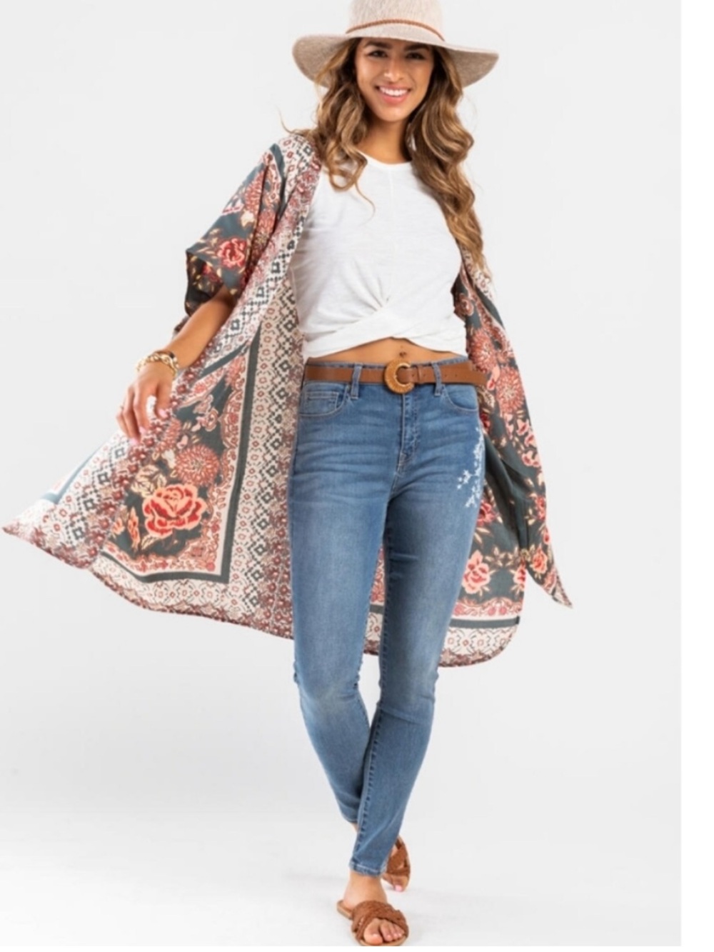 Blue Rain Deep Green Floral Open Front Kimono Duster Beach Coverup Size Medium